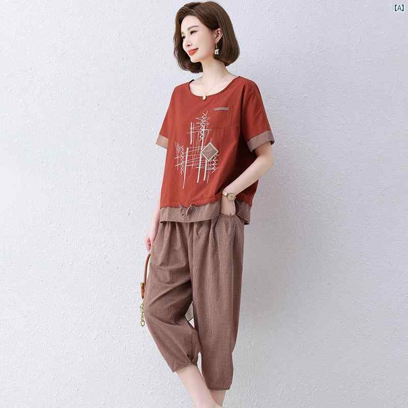 ママ 夏 コットン 麻 スーツ おしゃれ レディース 半袖 Tシャツ 大きいサイズ たり トップス