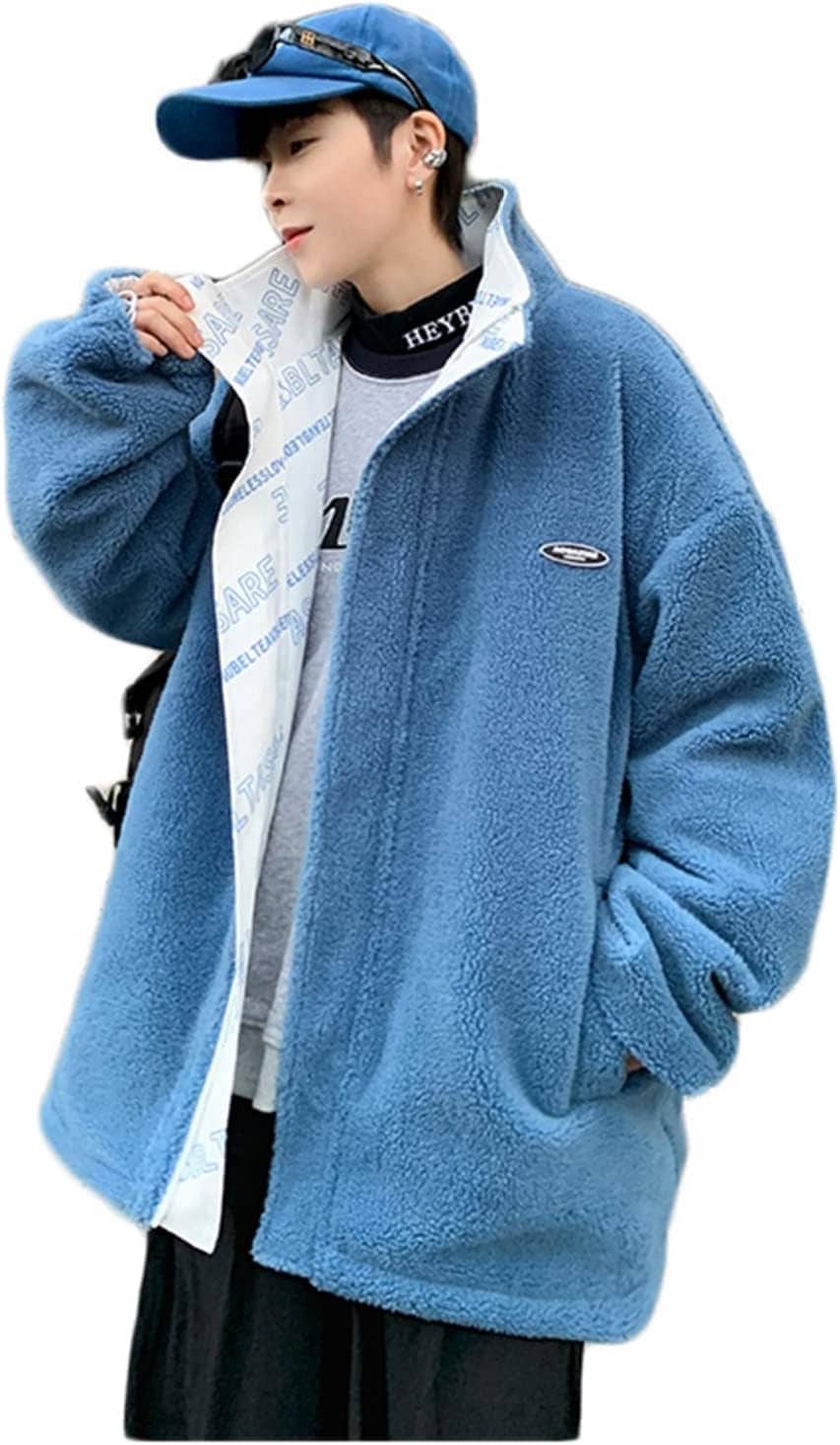 ボアフリース ジャケット ブルゾン メンズ 秋冬服 リバーシブル 両面着 厚手 防寒着 ハイネック 無地 オーバーサイズ カジュアルコート シンプル 綿服 保温