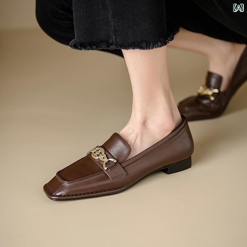 ローファー レディース オフィス 通勤 仕事 春秋 スクエアトゥ ブラウン シープスキン 女性用 英国 スタイル ローヒール フラット シューズ 女性用 ソフト ソール 快適 深口 シングル シューズ