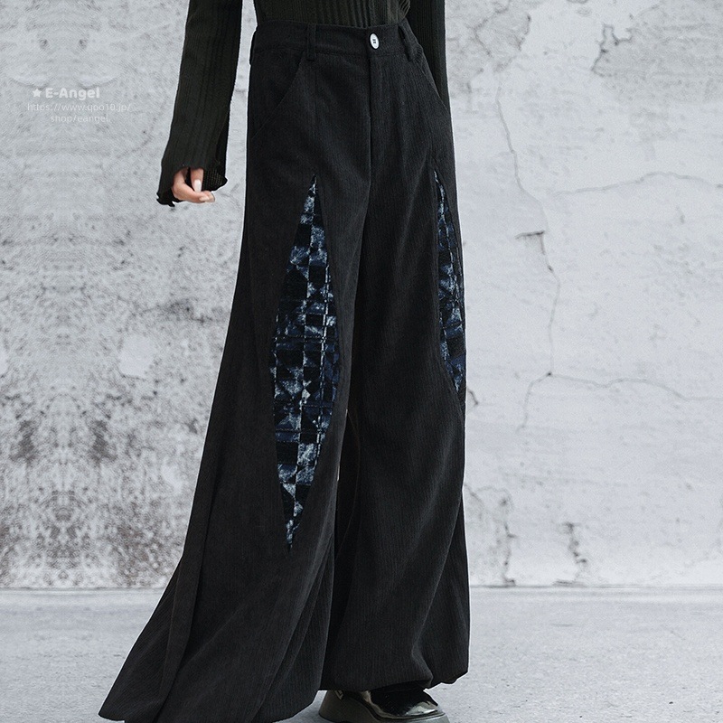コーデュロイパンツ レディース 冬 ブラック バルーンパンツ ロングパンツ 半ゴムウエスト 黒青切り替え 個性的ファッション 着心地よさ