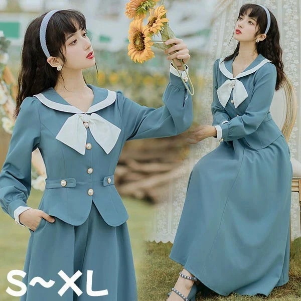 クラロリ ワンピース 可愛い セーラーカラー ロング レディース ロリータ lolita 日常 長袖 大人 春 秋 ブルー 青 S M L XL