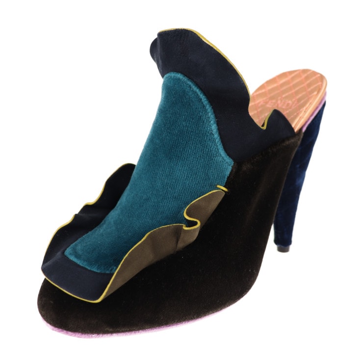 シューズ サンダル - 表記サイズ 36 1/2 ベルベット ブラック ブルー グリーン ミュール フリル 参考サイズ 23.5cm【本物保証】