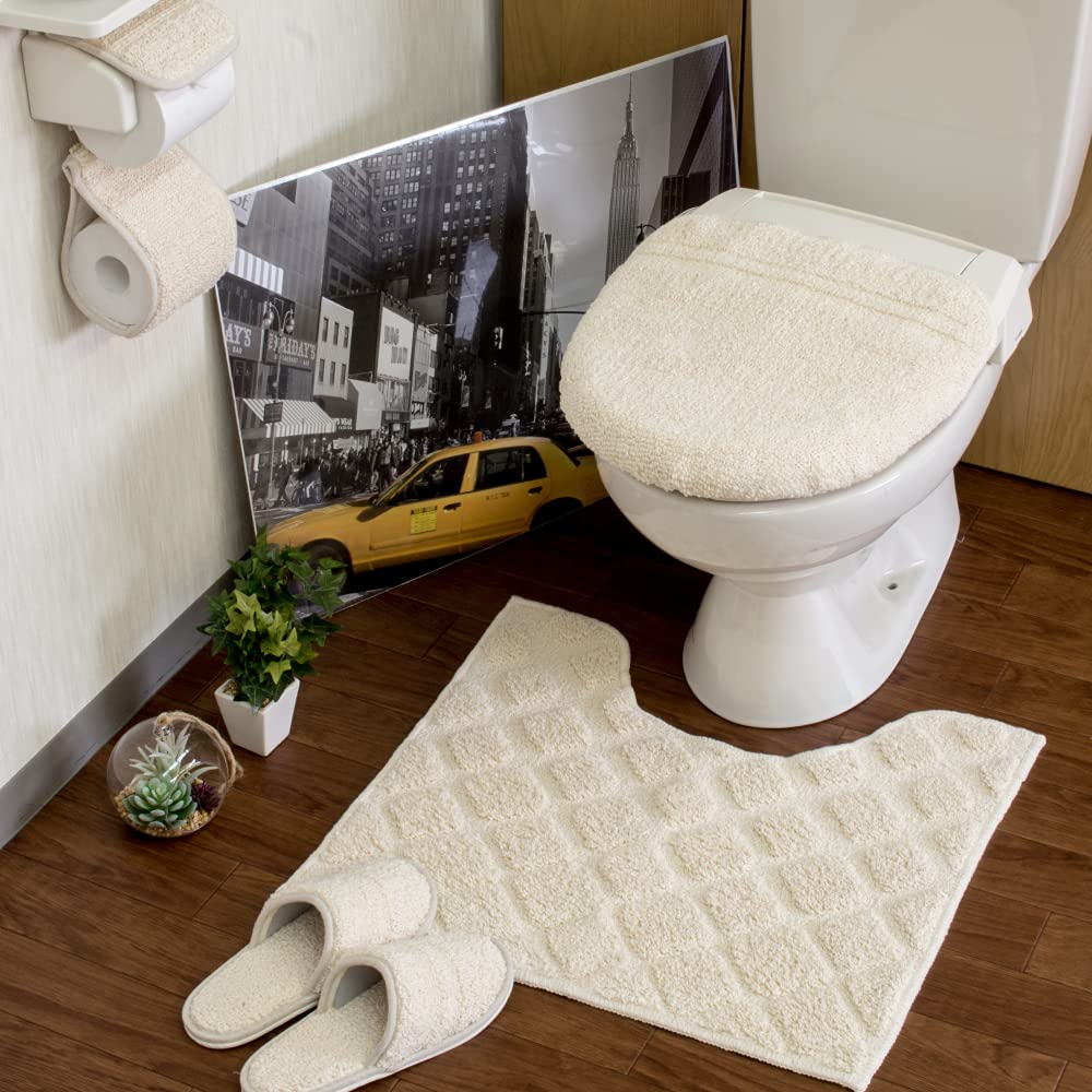 San-Luna トイレタリー 4点セット 【コットン パヴェ】 アイボリー 日本製 綿100% 滑り止め トイレマット 55cm × 60cm トイレふたカバー スリッパ トイレットペーパーホル