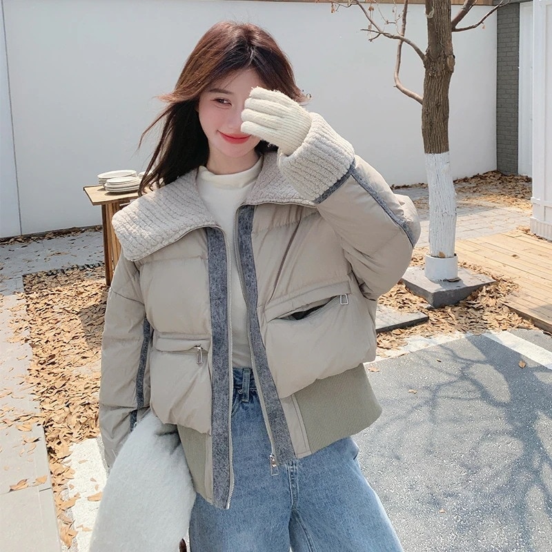 ファッション衝突ラムウールスプライシングダウンジャケット2024緩い肥厚ホワイトダックダウンジャケ