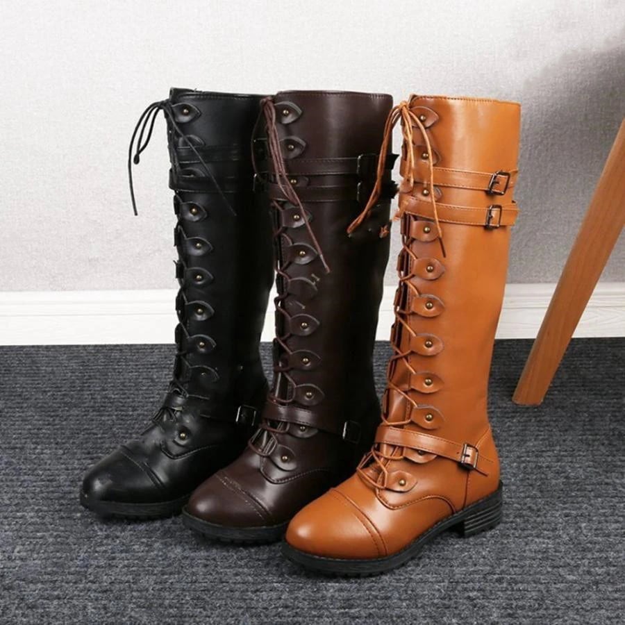 高級な質感レディースブーツロングブーツ編み上げブーツレースアップ無地かっこいい疲れないラウンドトゥ太めヒールレトロカジュアルクッション性快適