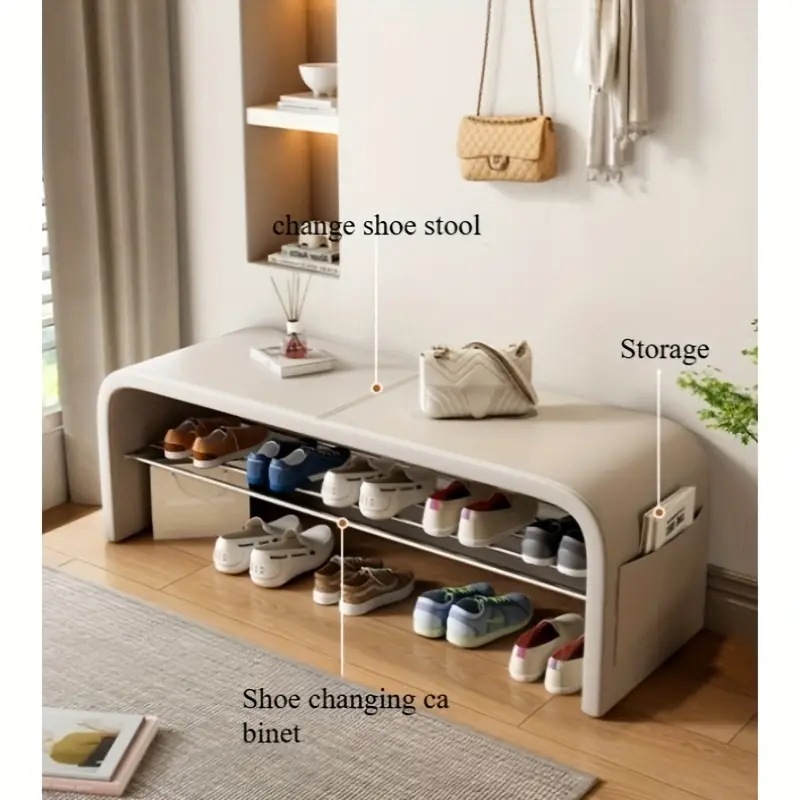 1pc グラムスタイルシューズ交換スツール - 多機能ベンチコーヒーテーブルドアシューズキャビネット - 小さなアパート用の高級デザイン - 人工皮革メモリフォームコルクで裏地 - 木材製電