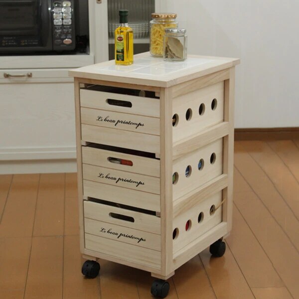 キッチンストッカー 3段 桐製 タイルトップ 幅30cm