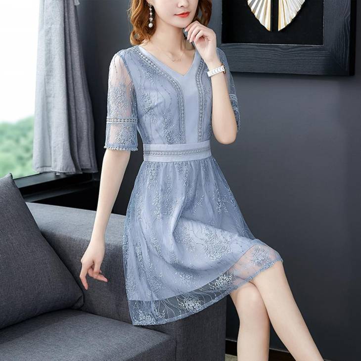 パーティードレス 水色 S-3L ミニ 予約 袖あり 五分袖 半袖 花柄 レース ワンピース MD-S339276 レディース フォーマル お呼ばれ M L 2L 結婚式 通勤 通学 お出かけ