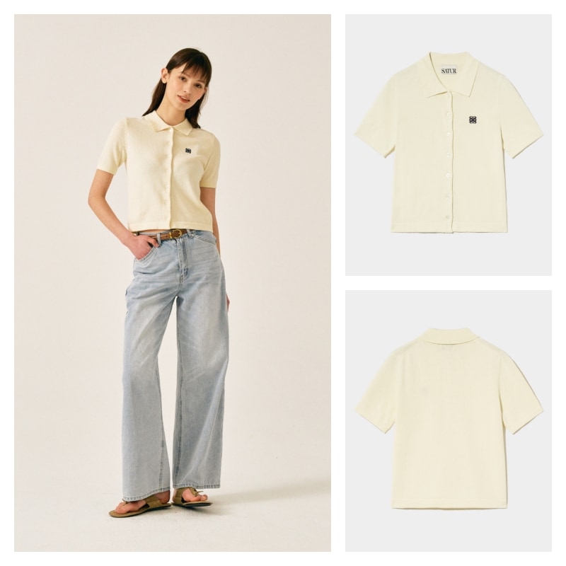 【SATUR】 (W) BASIC COTTON COLLAR HALF CARDIGAN : RESORT CREAM