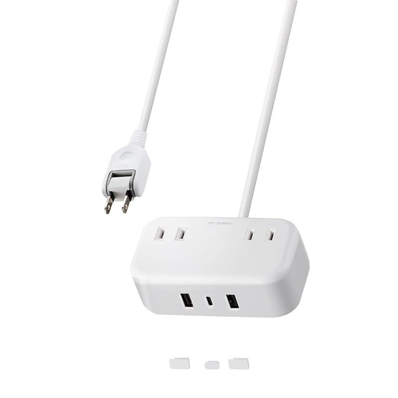 即納：エレコム 電源タップ 雷ガード USBタップ 1.5m 2個口 USB 32W [ USB-A 2ポート/ USB-C 1ポート ] 卓上タップ 出張 旅行 USBポート用キャップ付き ホワイト