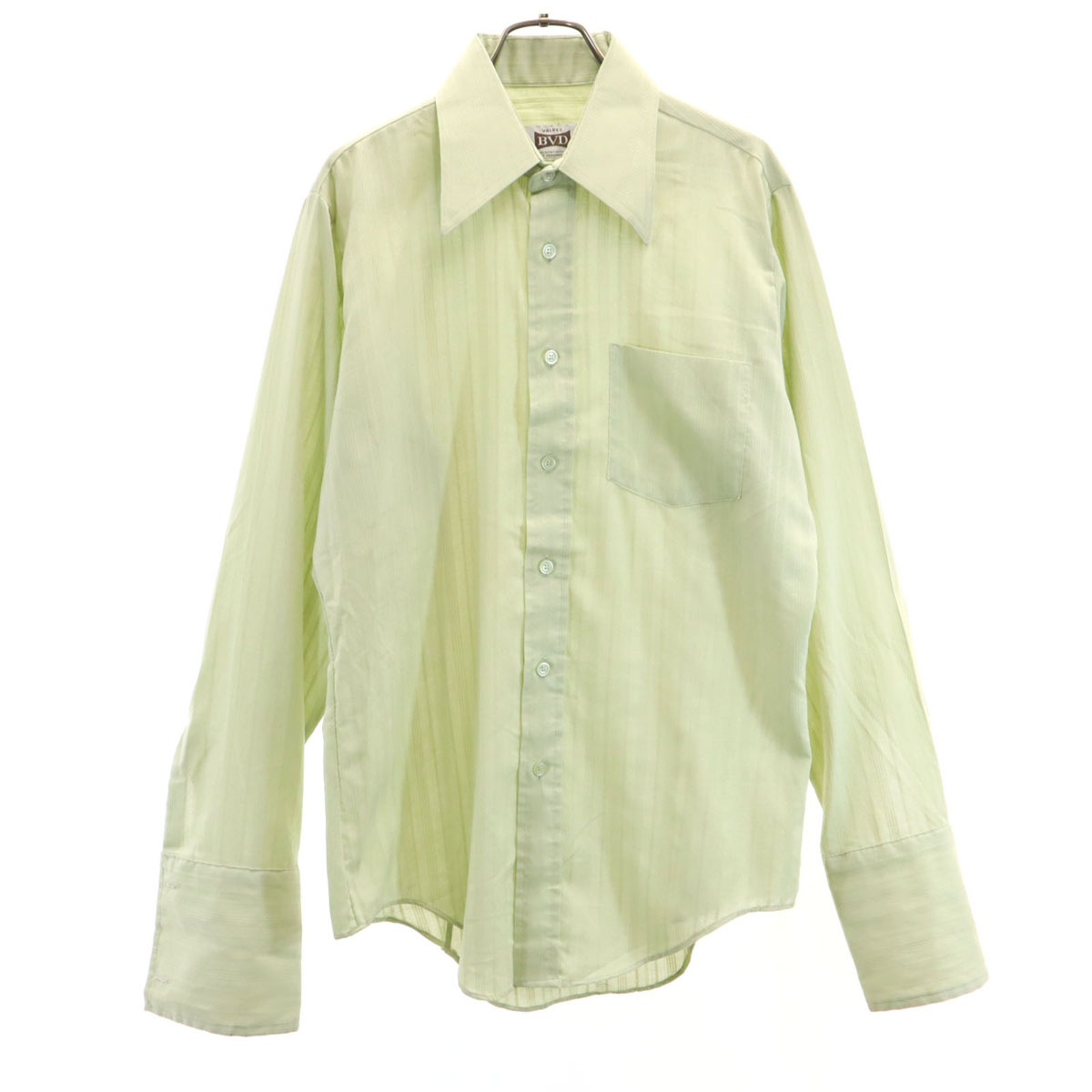 BVD 70s カナダ製 ヴィンテージ ストライプ柄 長袖 ダブルカフス シャツ 15 1/2 黄緑系 メンズ 古着 6,760円