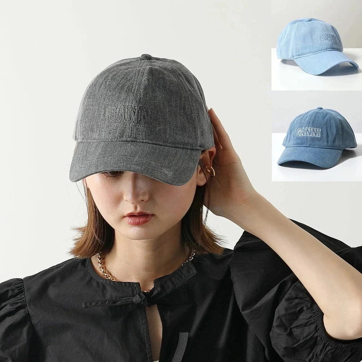 GANNI ガニー ベースボールキャップ CAP HAT DENIM A5759 A5760 5890 レディース デニム ロゴ 刺繍 帽子 カラー3色