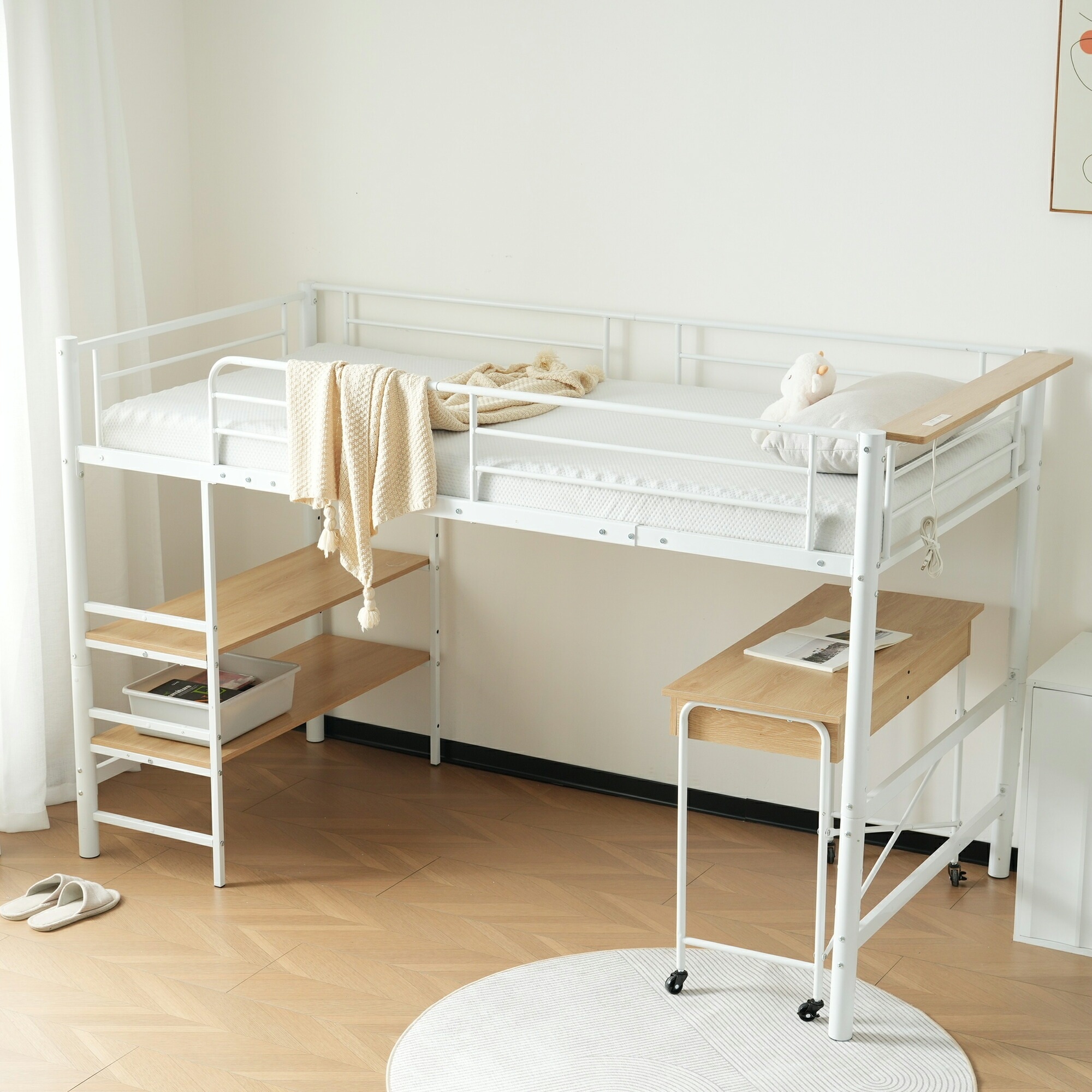 【大好評！最安値挑戦!】パイプベッド ロフトベッド システムベッド デスク付き 高さ140cm シングル コンセント付き 収納 スチール 耐震 ベッド シングル パイプベッド パイプ 収納付き ラック 26,953円