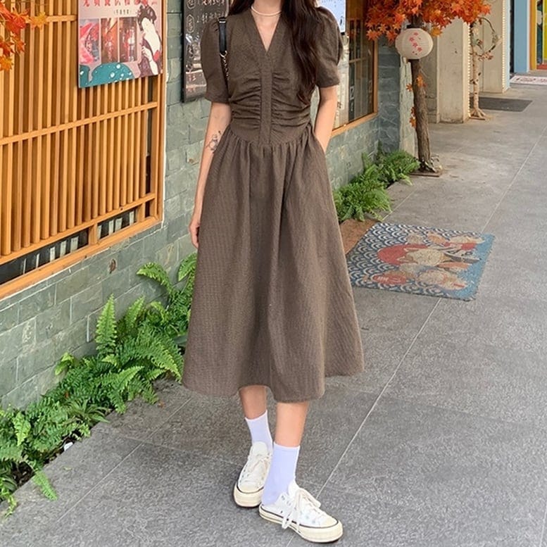 3color レディース フロントギャザーワンピース パフスリーブ Vネック ロング丈 シャツ