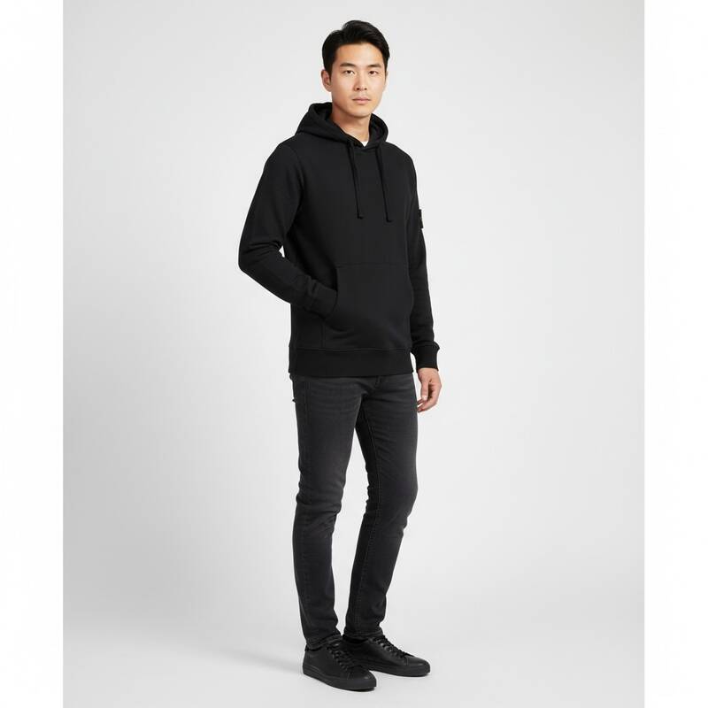 ストーンアイランド ワッペン付きフーディ Tシャツ ブラック メンズ K2S15 6100062 S0051 V0029