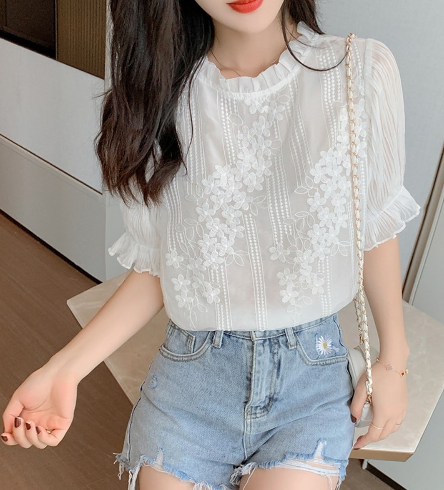 トップス デート レース モテアイテム ブラウス 白シャツ 半袖 刺繍 可愛い きれいめ 上品 おしゃれ かっこいい 可愛い ラブリー キュート ガーリー クール モード系 セクシー 5,061円