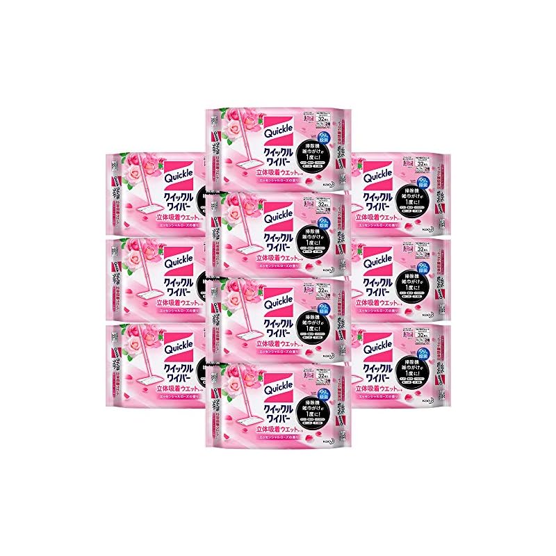 【迅速発送】【ケース販売】クイックルワイパー フロア用掃除道具 立体吸着ウエットシート ローズの香り 大容量 32枚 10個