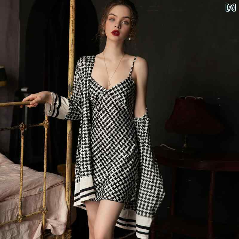 ランジェリー パジャマ ベビードール ナイトウェア キャミソール 千鳥格子 サスペンダー ナイトガウン レディース 冬 ツーピース ハイエンド 魅惑的 春秋 涼しげ