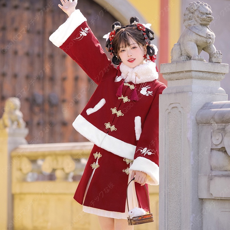 【最安値挑戦】【本日限定】2023冬の新作うさぎ漢服女性中国風おマフラー上着ハーフスカート3点セット-44