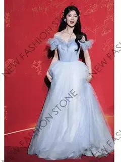 ブルーのワンショルダーイブニングドレス2024新作プリンセススカート-55