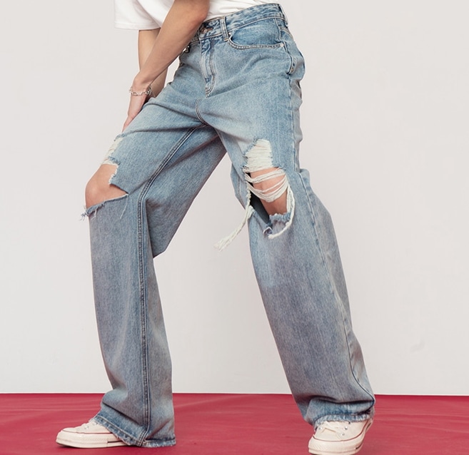 パンツ モップパンツ ロング丈 ストレート ファスナー ポケット 綿 デニム シンプル カジュアル かっこいい レトロ ラフ メンズライク ボーイッシュ ルーズ 個性的 クール 抜け感 無地