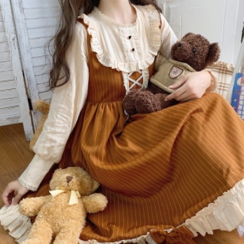 ロリータワンピース トップス スイート ガーリー ラブリー ブラウン 茶色 ひざ丈 袖あり 長袖
