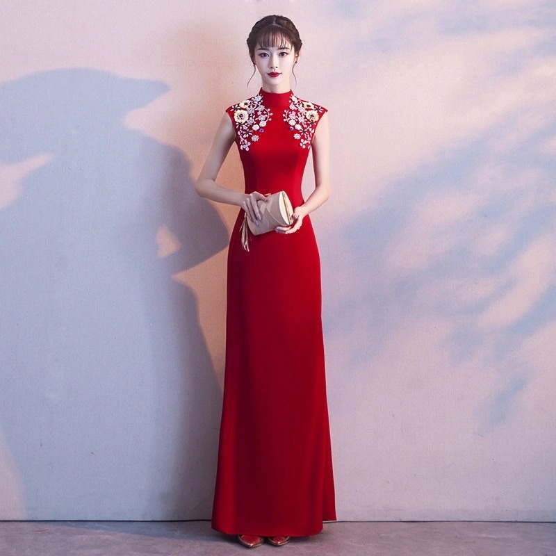 バーガンディ トーストウェア 2024 夏 ノースリーブ ウェディング ブライダルドレス 女性 ウェディングドレス モーニングローブ チャイナドレス