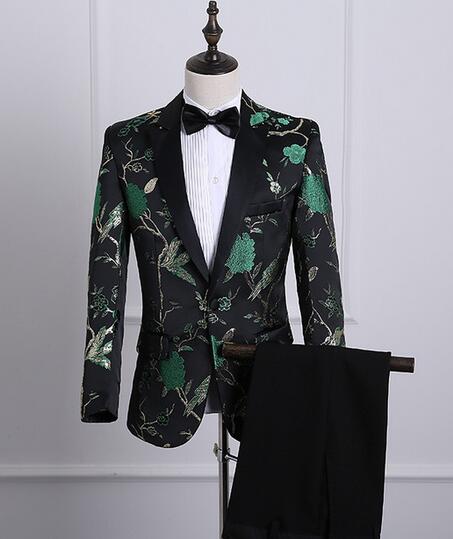 メンズ タキシードスーツセット 演出服 テーラードジャケット+ロングパンツ　舞台演出ダンス衣装 花柄 司会者 カラオケジャケット ステージ衣装 パーティー 結婚式