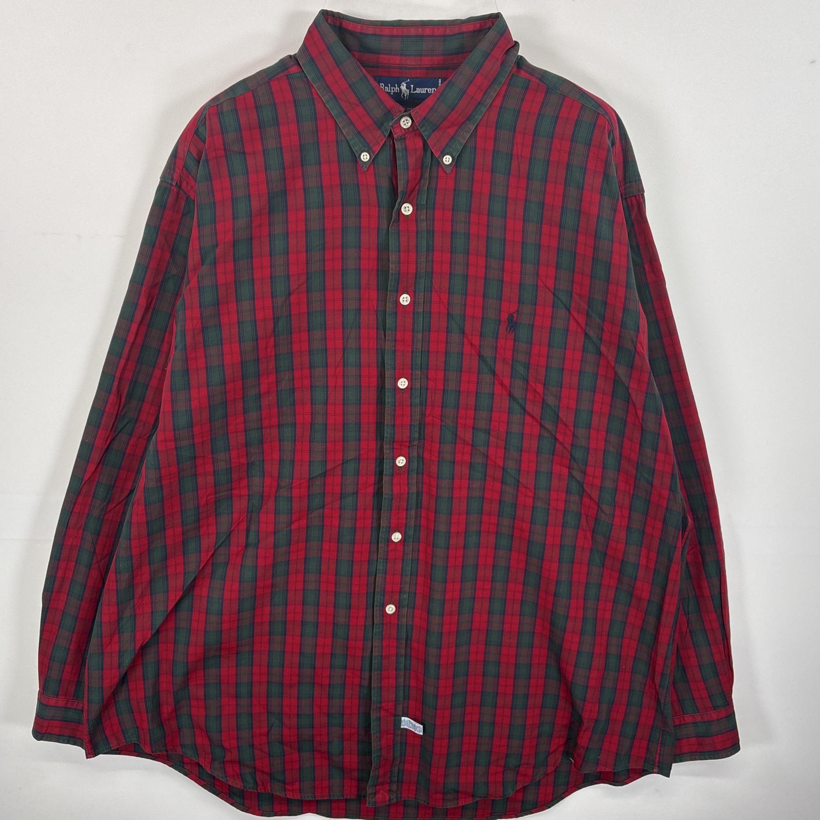 古着 長袖シャツ ワンポイント ロゴ 刺繍 ボタンダウンシャツ 17 1/2-36 XL-2XL レッド系 チェック メンズ