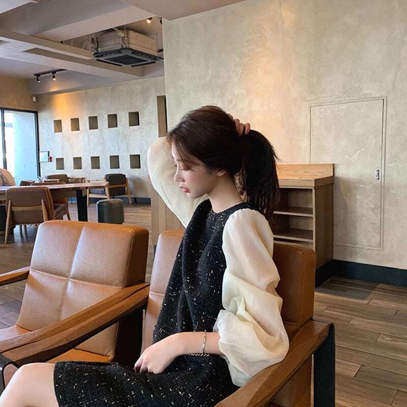 ワンピース ミニワンピース 長袖 パフスリーブ ラウンドネック 重ね着風デザイン Aライン ミニ丈 ポケット かわいい 大人可愛い きれいめ シンプル 上品 おしゃれ かっこいい カジュアル こなれ感