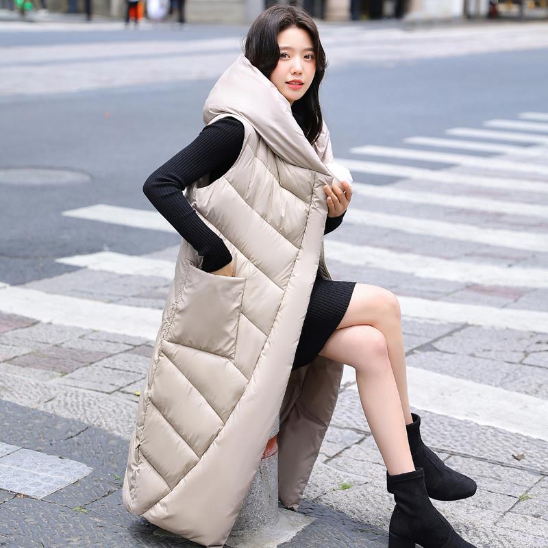 大人気 上品 中綿ベスト レディース ロング丈 フード付き ノースリーブ ダウンベスト 無地 膝丈 前開き カジュアル ゆったり 保温 防寒 ファション イベント