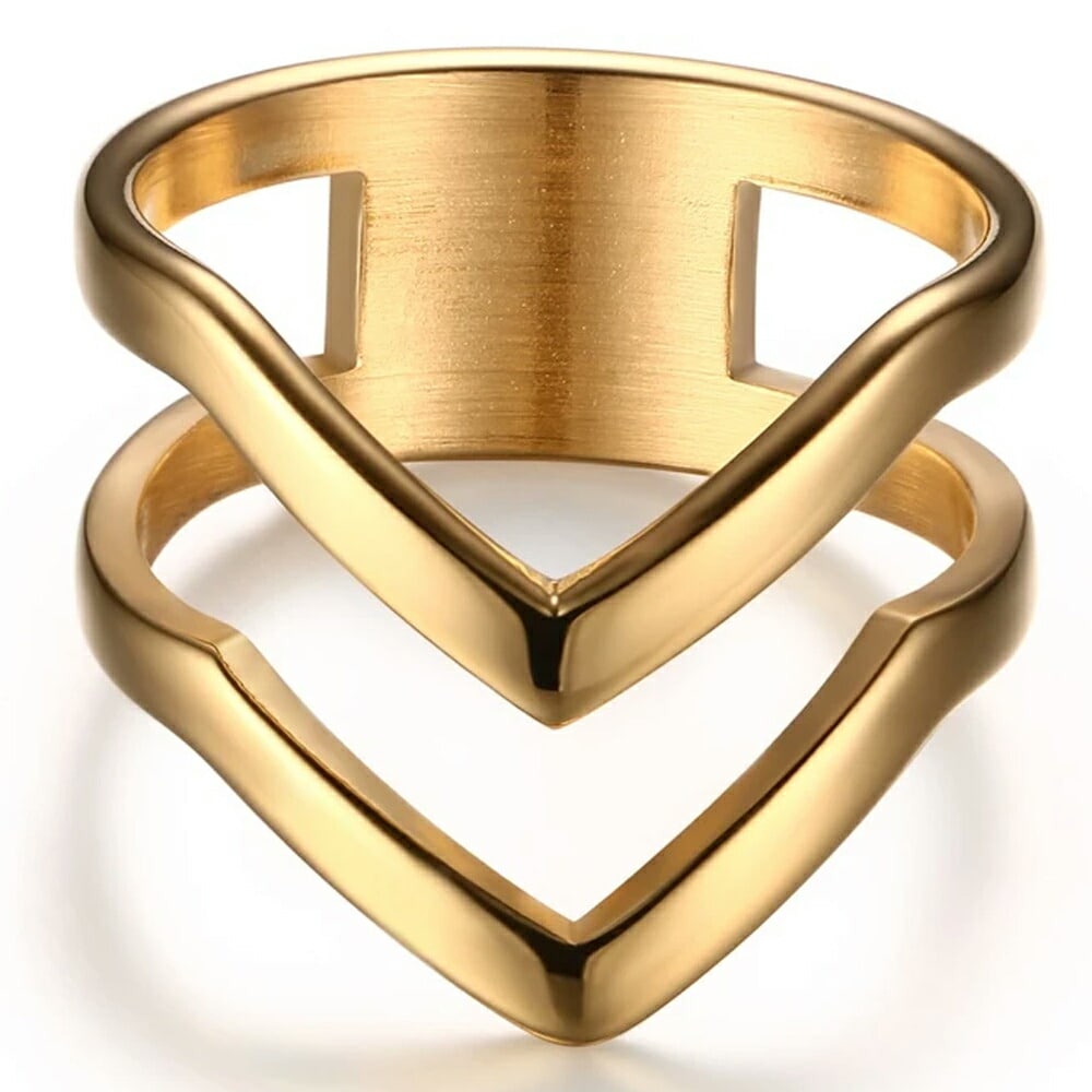 ゴールドダブルブイラインステンレスリング（RRR102）指輪 12号-20号 シンプル 金色 2連風 V字型 プレゼント 男性 女性 人差し指 中指 薬指 親指 小指 r0745xxxxxxxx