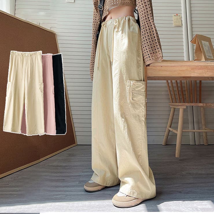 パンツ レディース 春夏秋 カーゴパンツ ロング丈 サイドポケット ウエストゴムと紐 ストレート ワイド ポリエステル シンプル 大人 黒