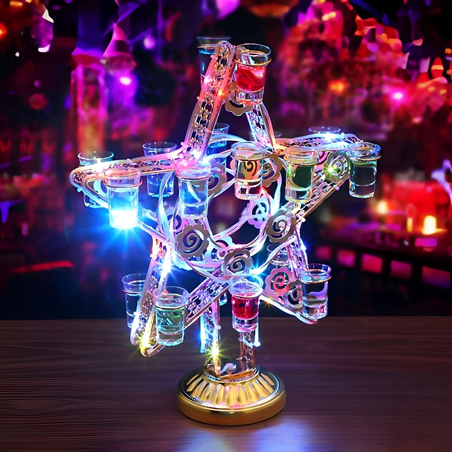 テキーラ観覧車 LED酒ボトルの表示棚 18穴 ワインラック 酒グラススタンド 充電式 自動カラーチェンジ グラスホルダー LED酒グラス 収納ラック 操作簡単 雰囲気作り 忘年会新年会誕生日