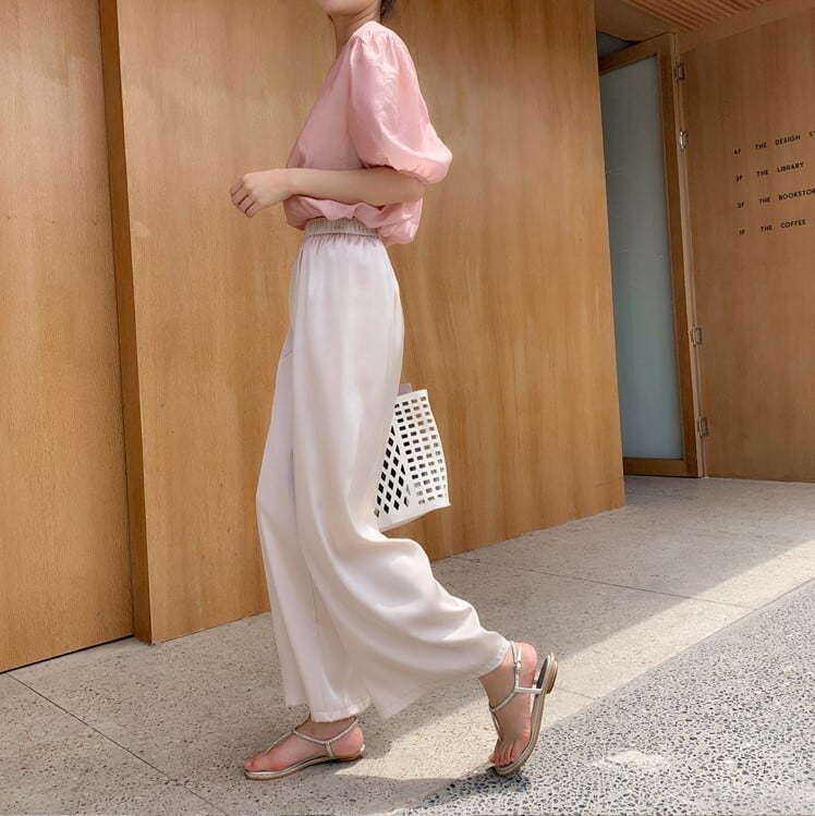 ボトムス サテン パンツ ロング丈 ハイウエスト ワイドレッグ 艶感 高見え ストレート かわいい 大人可愛い きれいめ シンプル カジュアル 大人 上品 おしゃれ お洒落 かっこいい lbot021