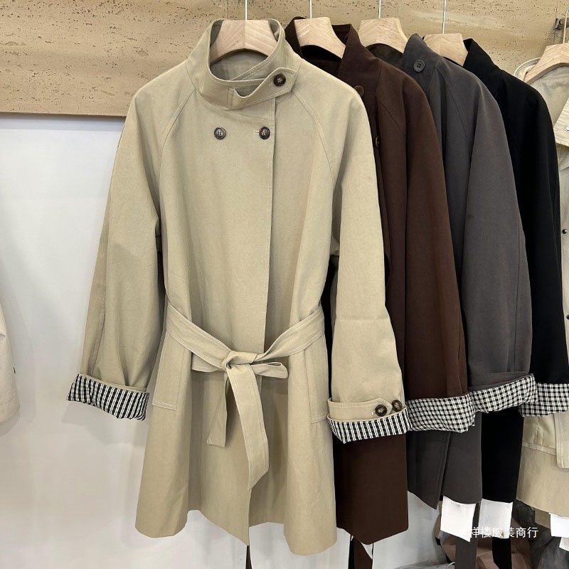 韓国スタイルのチェック柄スプライシングカーキウインドブレーカージャケット女性のためのミッドレングス春と秋スタイルのウエストベルト付きワークコート
