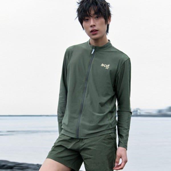 男性用ビーチトップ グリーンウェーブ リラックスフィット ジップアップ ラッシュガード (A5BM1PR04KHA)