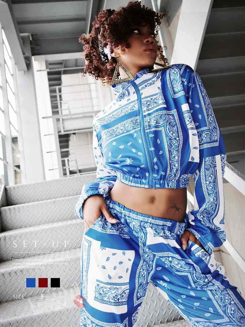 セットアップ LA風セットアップ ペイズリー柄 バンダナ ジャージ スウェット ヘソ出し ストリート 長袖 ダンス衣装 HIPHOP bombshell