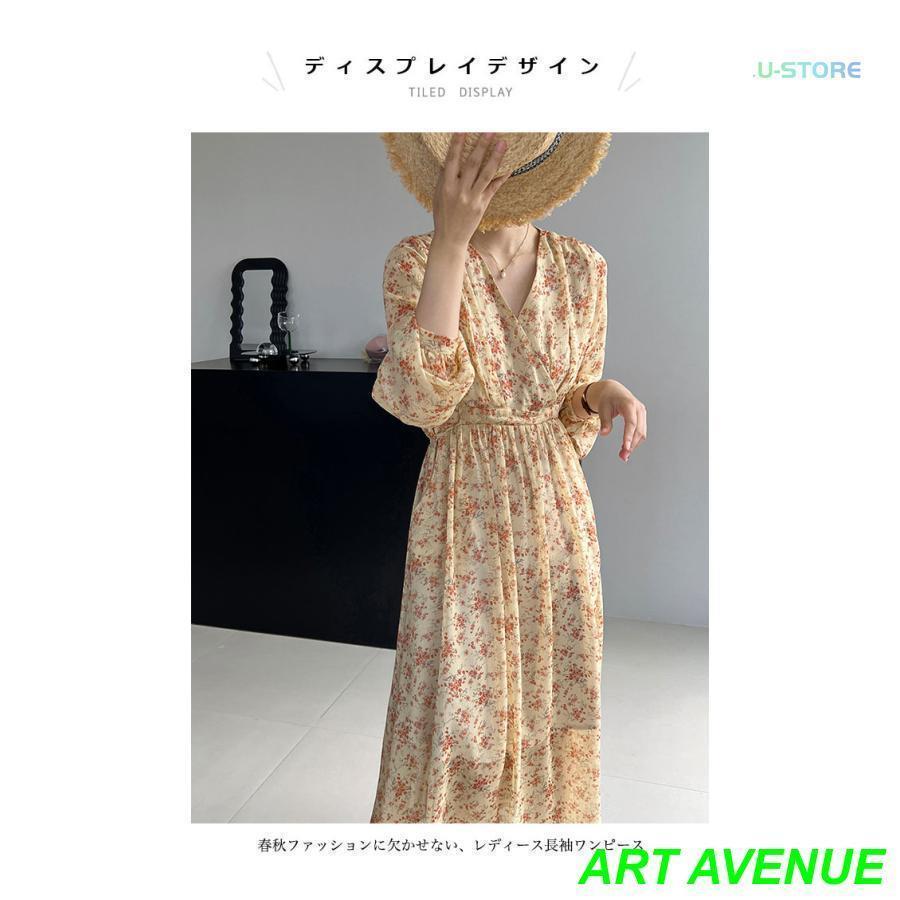 長袖ワンピース 花柄 レディース マキシ丈ワンピース Vネック 春 ロングワンピ 薄手 秋 長袖 花柄ワンピース レトロ ハイウエスト シフォンワンピース