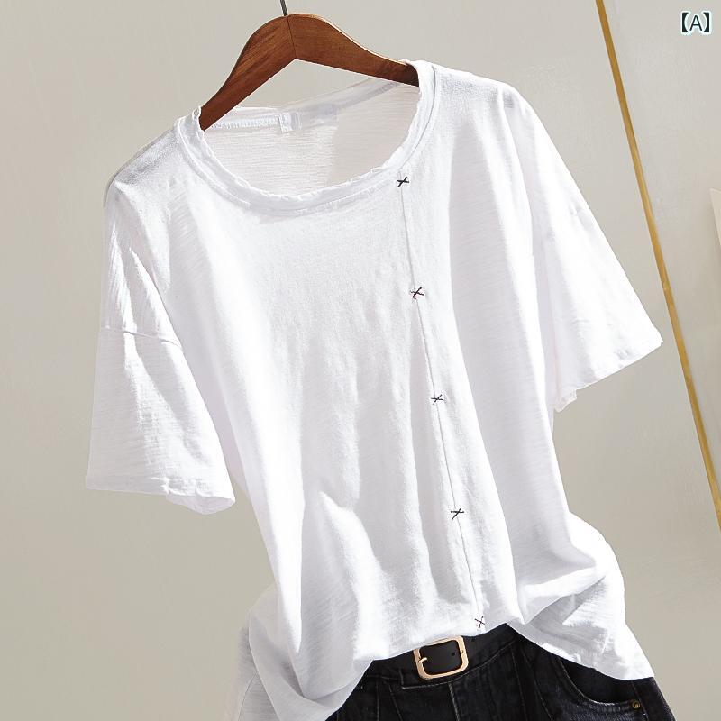 レディース トップス シンプル おしゃれ 竹 綿 半袖 Tシャツ 夏 韓国 ラウンドネック ホール 半袖 イン トレンディ