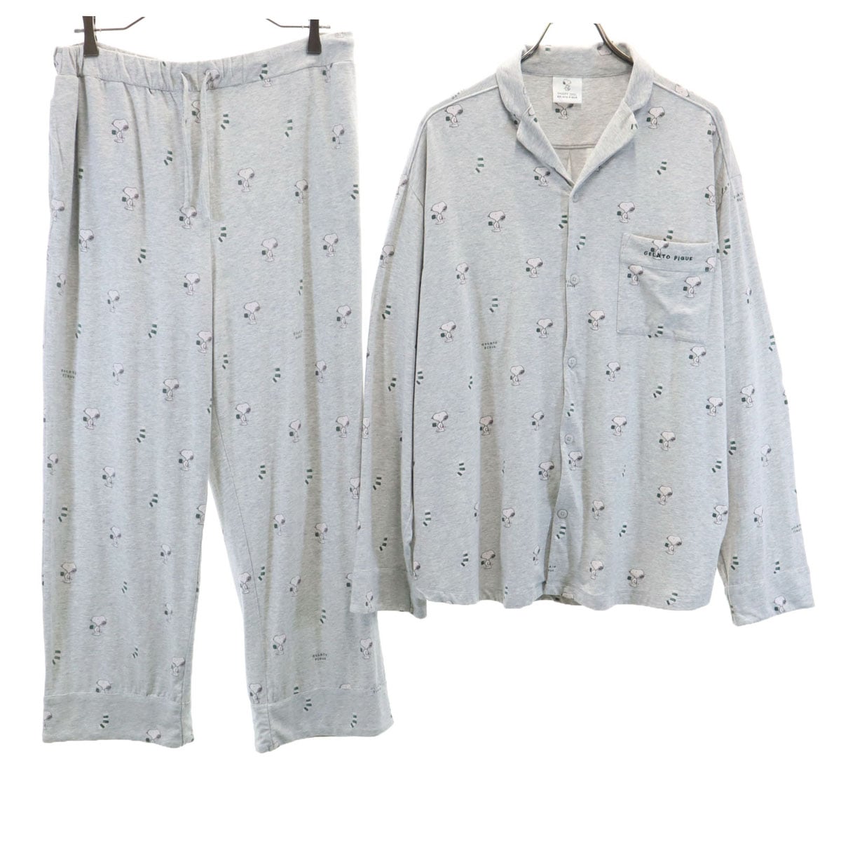 × PEANUTS ピーナッツコラボ 総柄 長袖 ルームウェア 上下セットアップ L グレー スヌーピー ふわもこ レディース 古着