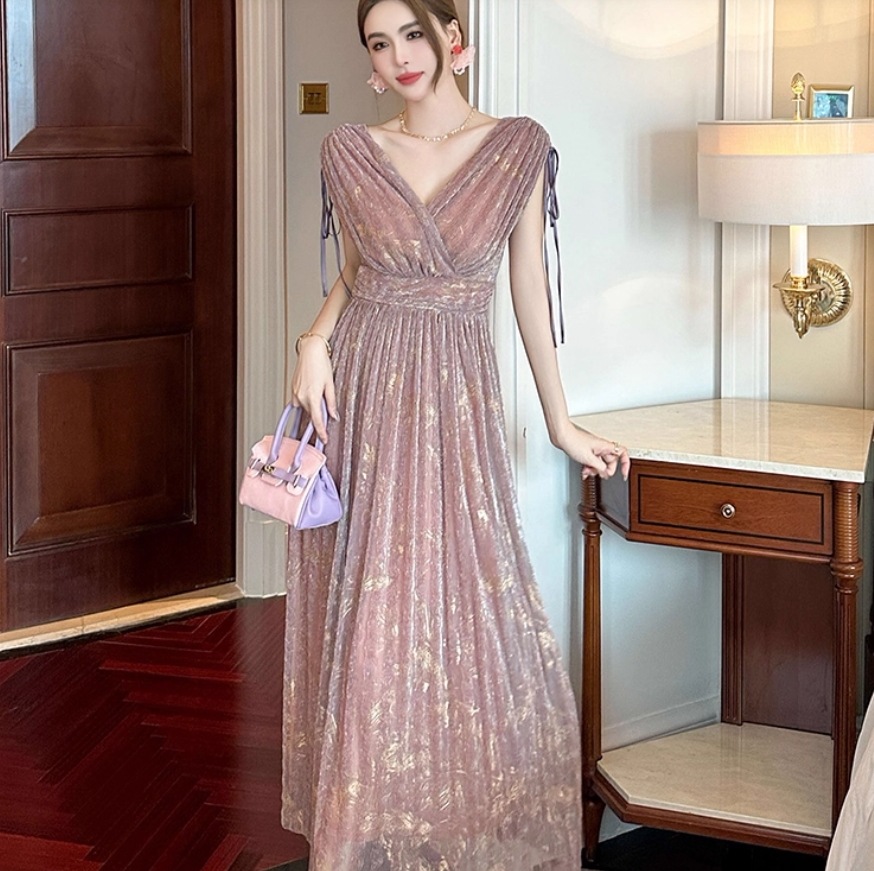 ワンピース ドレス ロング マキシ 袖なし ノースリーブ Vネック Aライン フェミニン プリーツ ウエストマーク かわいい きれいめ 上品 おしゃれ アジアン エスニック こなれ感 ラフ ガーリー