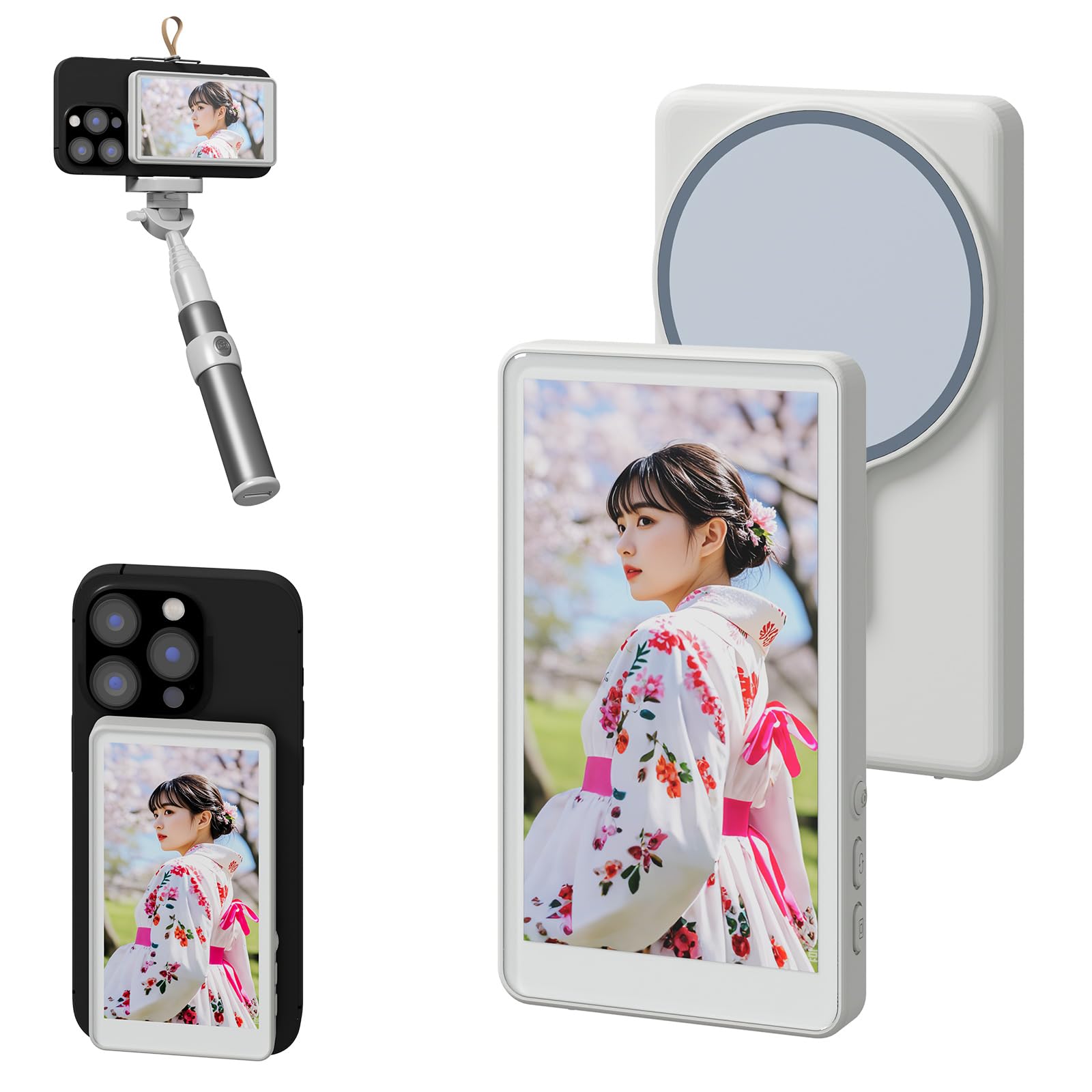 iPhone用自撮りモニター 4K1080P スマホの外カメラ画面ミラーリング可能な磁気式ディスプレイBluetooth撮影ボタン付き 自撮りVlogモニター 自撮り・ライブ配信・TikTok