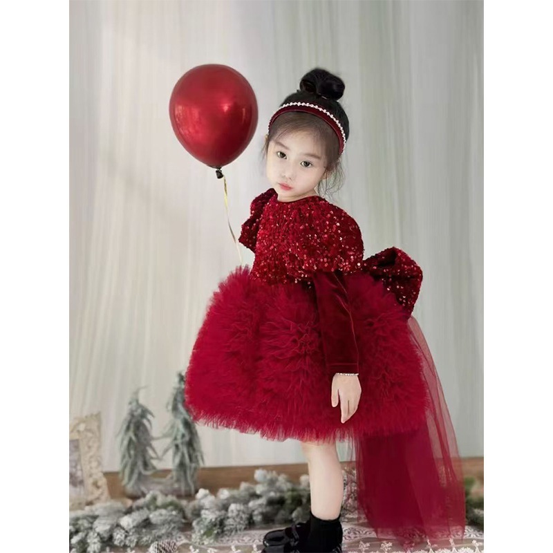 【2枚購入で 3oo円OFF】子供用ドレススプリングガールズレッドスパンコールスカートハイエンドボウフラワー気質お祝いの新年クリスマス 5,113円