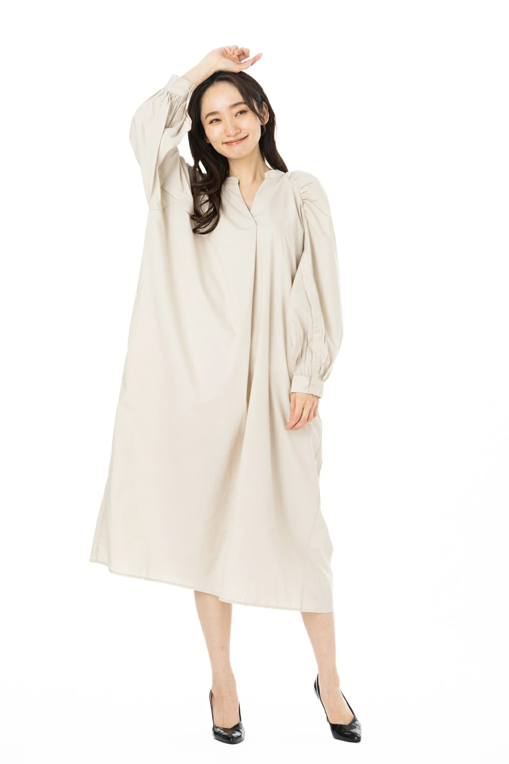 Bou Jeloud(ﾌﾞｰｼﾞｭﾙｰﾄﾞ) サイズＦ 長袖 合わせネックボリュームスリーブワンピース グレージュ