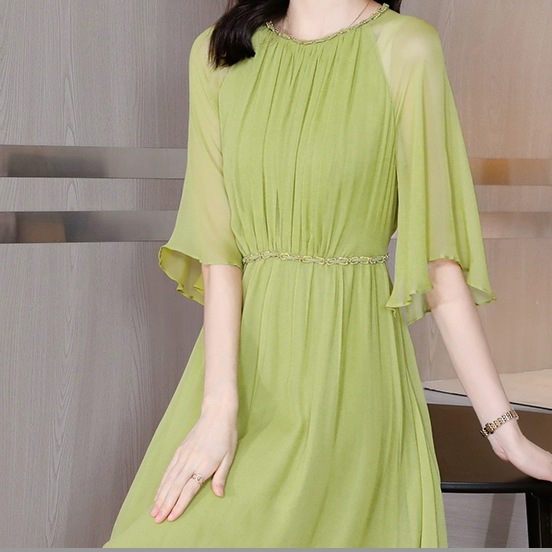 レディース ワンピースミモレ丈ワンピース フレアワンピース ミモレ丈 5分袖 ラウンドネック シースルー ウエストマーク フレア 揺れる かわいい 大人可愛い きれいめ シンプル 上品 おしゃれ