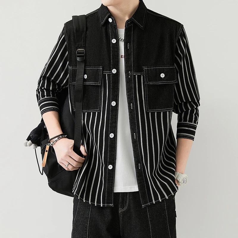 トレンチコート春秋縞ジャカード長袖カウボーイシャツカジュアルなゆるい襟付きジャケット男性シャツ服コート