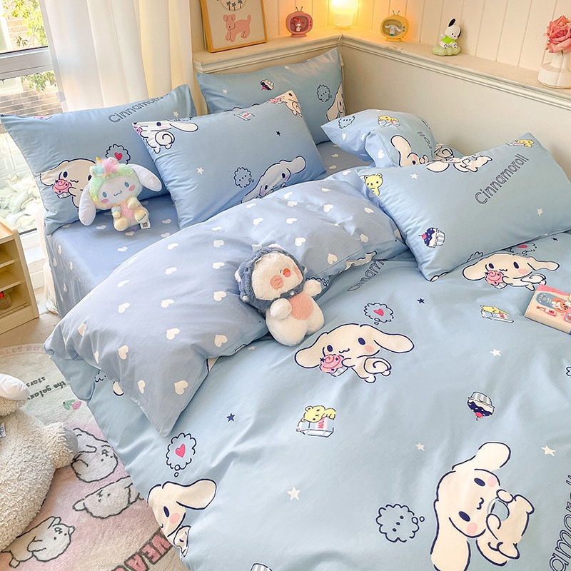 ホームコットンシナモン犬漫画かわいい子供と学生のための4点セットピュアコットン寝具シーツとキルトカバー