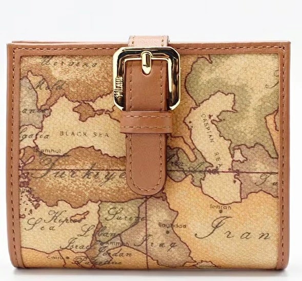 PRIMA CLASSE W006-6000 プリマクラッセ 二折財布 ベージュ/キャメル/ゴールド /裁断箇所により地図柄が異なります