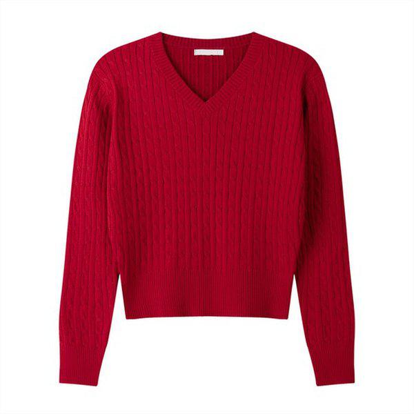 女性ポリアベーシックケーブルVネックニットティーSGW-KN-Q051-レッド